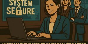Eine Frau sitzt an einem Laptop. An der Wand steht die Aufschrift "System Secure". Hinter ihr sind zwei stehende Personen zu sehen, die ihr Team darstellen sollen. Unter dem Bild steht der Schriftzug "Informationssicherheitsbeauftragte"