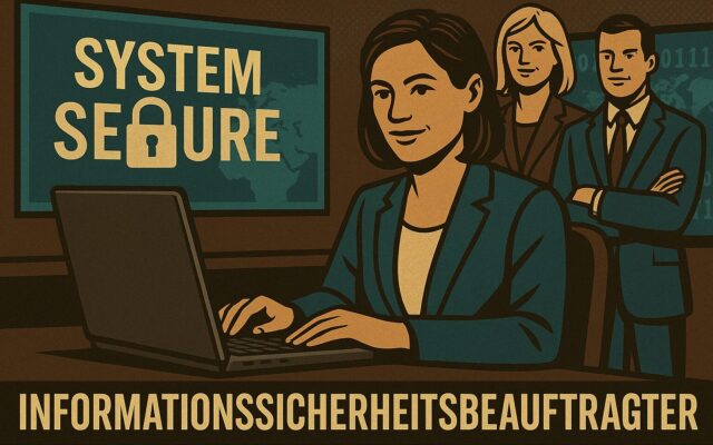 Eine Frau sitzt an einem Laptop. An der Wand steht die Aufschrift "System Secure". Hinter ihr sind zwei stehende Personen zu sehen, die ihr Team darstellen sollen. Unter dem Bild steht der Schriftzug "Informationssicherheitsbeauftragte"